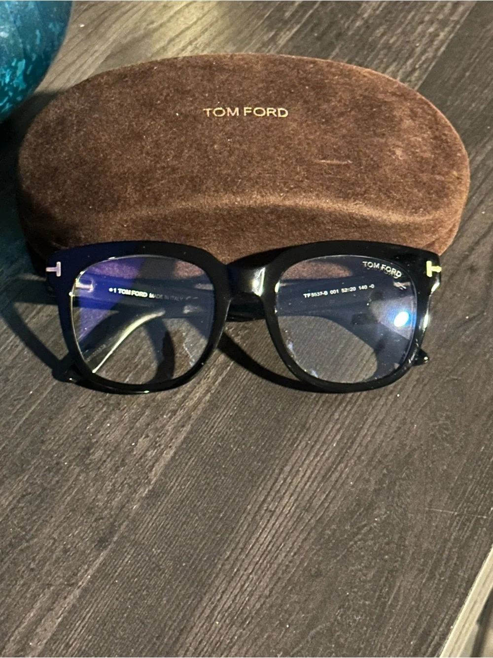 Tom Ford Black Acetate Square Optical Glasses with Gold 'T' Temples